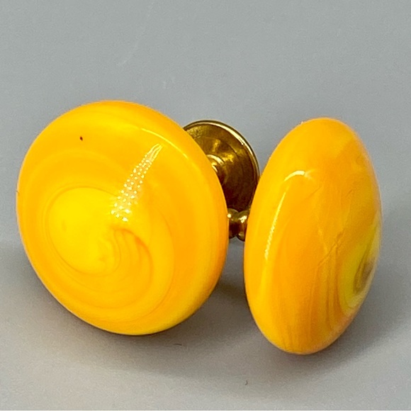 Vintage Art Glass Cuff Links Orange Yellow Swirls Handmade Blown Glass - Picture 7 of 15